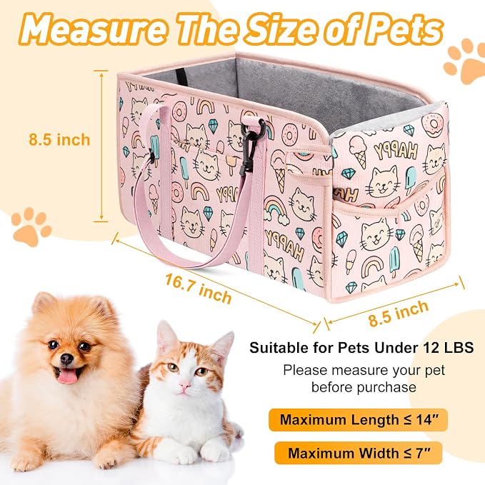 Console Dog Car Seat for Small Dogs, Foldable Booster Seat, Pink Kitten | Portable Booster Seat Sits On Car Console/ Armrest. Foldable for Easy Storage. for Center Console, Easy To Clean.