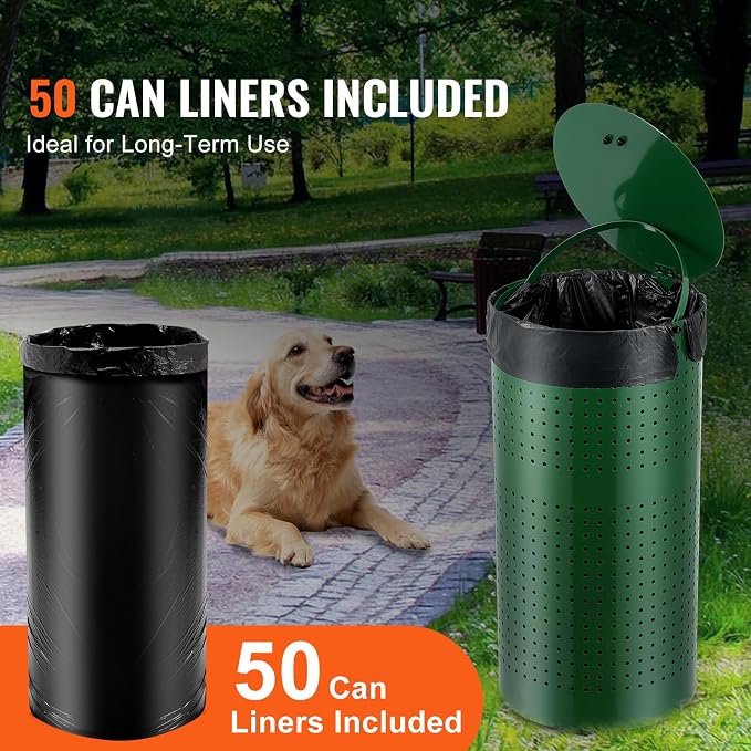 VEVOR Dog Poop Trash Can With 50 Liner Bags, 11.5 Gallons Outdoor Waste Bin With Lid & Liner Clip for Pet Waste Station, Disposal Container for Garden Backyard Park