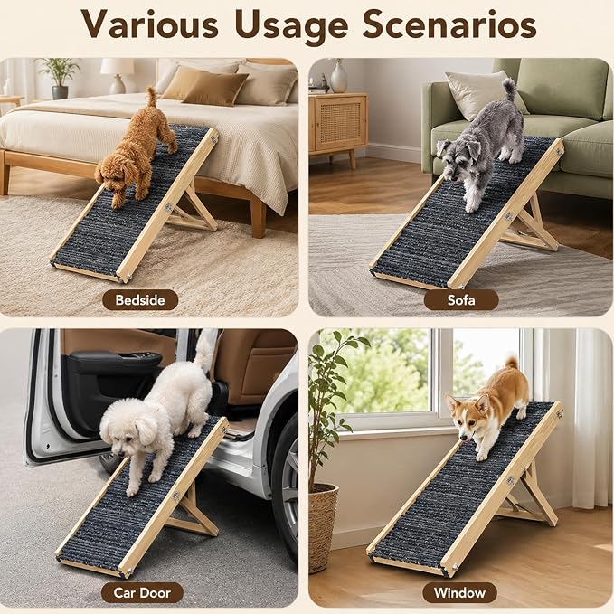 Dog Ramp for Small Dog/Bed/Couch, Foldable & Adjustable Dog Stairs | Wooden Pet Ramp, 4 Adjustable Heights from 9.25'' to 17.72", Portable Dog Step with Non-Slip Pads for Senior & Breed Dogs