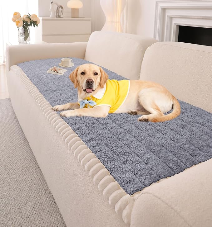 OTOB Sofa Covers for 3 Cushion Couch Washable, All Seasons Fuzzy Non Slip Kids & Pet Friendly Dog Bed Mats Couch Cover, Soft Plush Sofa Slipcovers Furniture Protector (Light Gray, 27.6" x 70.9'')