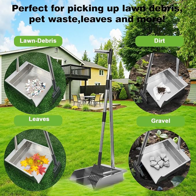 Pooper Scooper for Large Dogs,Dog Pooper Scooper Heavy Duty Long Handle Metal Tray Rake Shovel Set,Extremely Durable Metal Stainless Steel Dustpan for No Bending Clean Up Yard Grass.