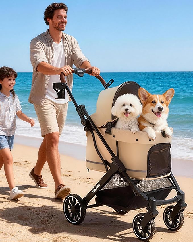 797Audio Dog Stroller for Small Medium Dogs,Pet Stroller for Cats Puppy Up to 121lbs,Foldable,One Click Folding,4 Wheel Shock Absorption,Adjustable Canopy with Sun Shades,Removable Washable Pad(Cream)
