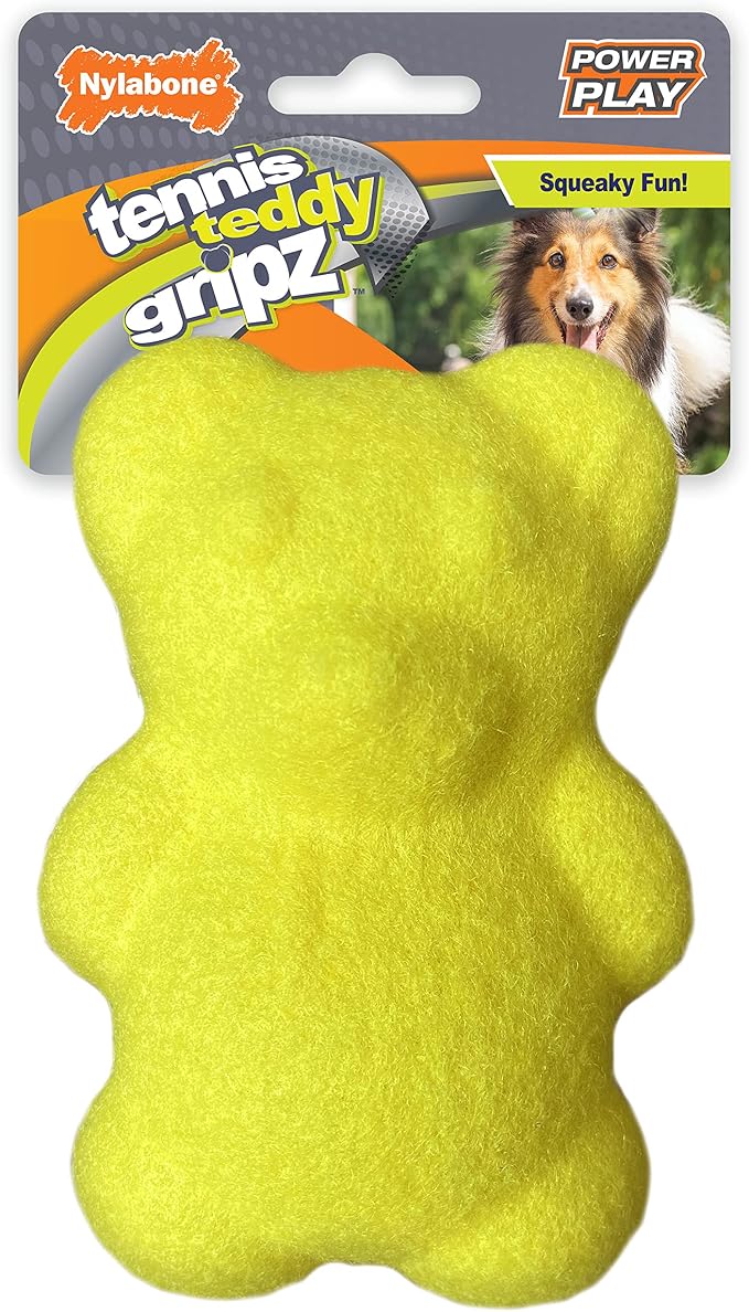 Nylabone Power Play Tennis Ball Teddy Bear Gripz Felt Rubber Fetch Toy, Squeaky Toys for Dogs, Medium (1 Count)