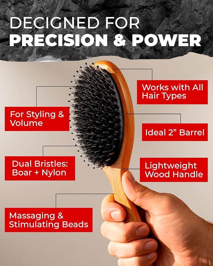 Bossman Men's Boar and Nylon Bristle Hair and Beard Brush - Detangling & Straightening Wooden Oval Wet Brush - Ergonomic Bamboo Design