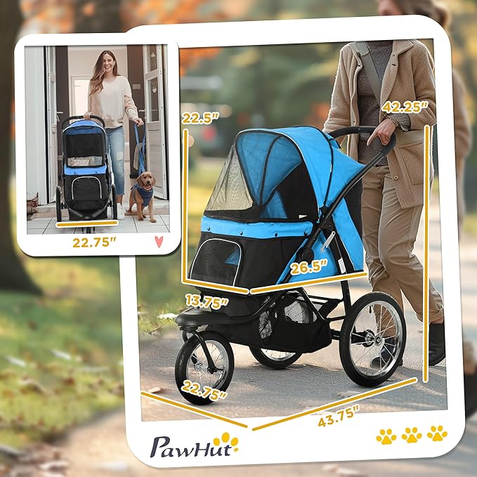 PawHut 3 Wheels Pet Stroller, Foldable Dog Stroller with Adjustable Canopy, Safety Tether, Cushion, Storage Basket, Portable Jogger for Small and Medium Dogs and Cats, Blue