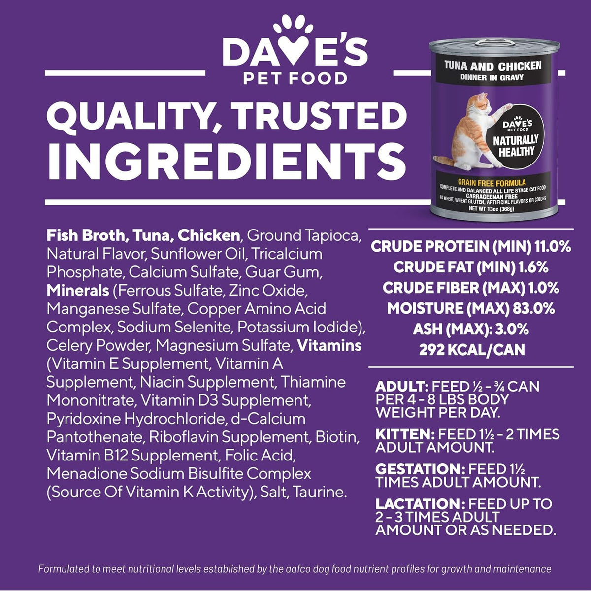 Dave's Pet Food Grain Free Wet Cat Food (Tuna & Chicken Dinner in Gravy), Naturally Healthy Canned, Added Vitamins & Minerals, Wheat & Wheat Gluten-Free, 13 oz (12 Pack)
