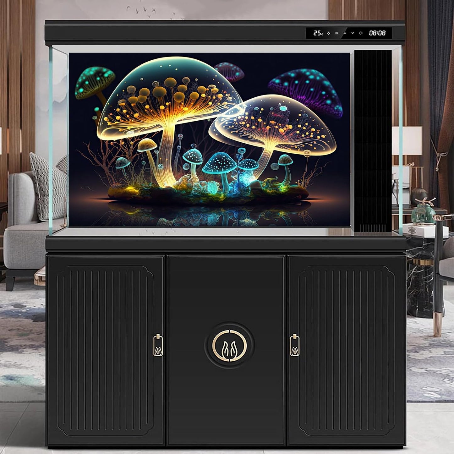 Mushroom Aquarium Background Abstract Glowing Fantasy Mushrooms Terrarium Background Mysterious Forest Magical Night In Circle Shape Crystal Glass Fish Tank Backdrop Decorations Vinyl 48x20in