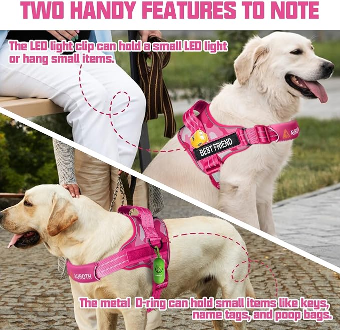 AUROTH Dog Harness and Leash Set for Large Sized Dog, No Pull Dog Vest | with Leash Clips, LED light clip, Soft Padded No Choke, Escape Proof, Easy Walking and Training, Pink Camo, XL