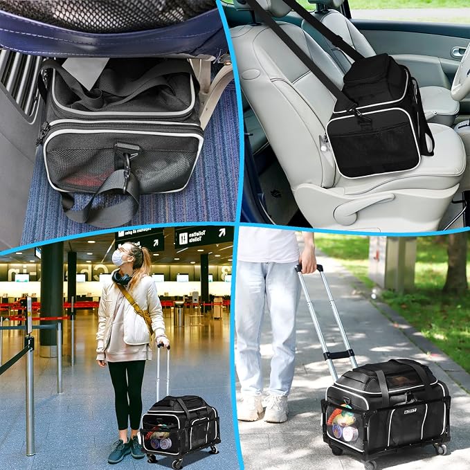 Petskd Top-Expandable Small Pet Carrier with Wheels(18" L x 13" W x 9.5" H), Southwest Airlines Approved, Rolling Pet Carrier for Small Dogs & Cats (Black)