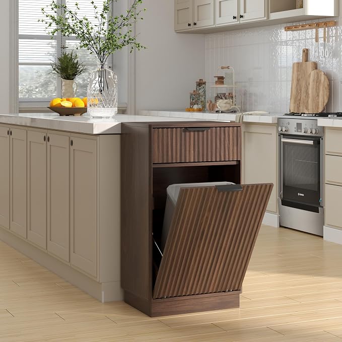 10-Gallon Single Tilt Out Trash Can Cabinet with Drawer,Kitchen Trash Can Cabinet Garbage Recycling Cabinet Wooden Dog-Proof Trash Cabinet for Dining Room and Kitchen,Laundry Room