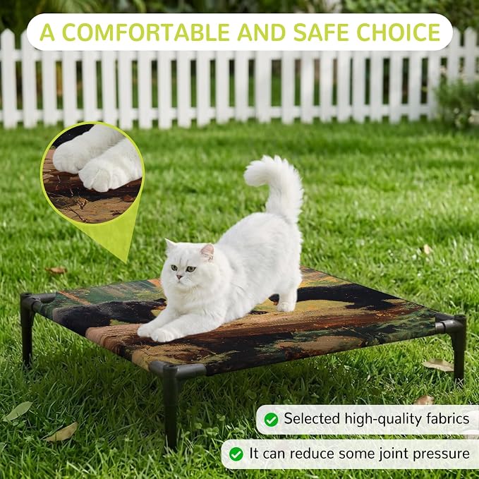 Outdoor Elevated Dog Bed for Small Dogs, Forest Bears Breathable Cooling Raised Dog Cot for Indoor/Outdoor, Nature Country Wild Animals Trees Branch Waterproof Elevated Pet Beds, S 20 x 20 in
