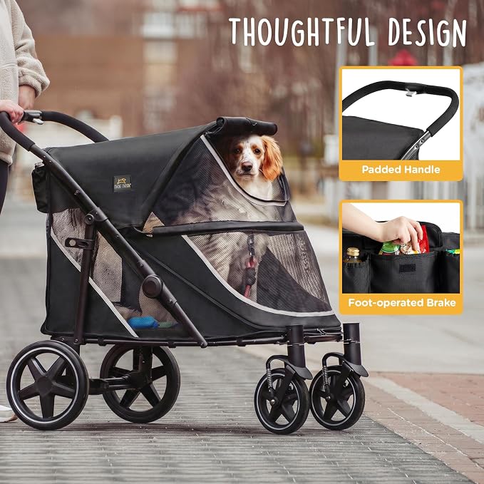 CANINE CANYON Denver Dog Stroller for Large & Medium Dogs- Easy Fold All-Terrain Pet Stroller for 2 Dogs with Dual Entry, One-Foot Brake, Sunroof & Breathable Windows, Up to 130 lbs, Black