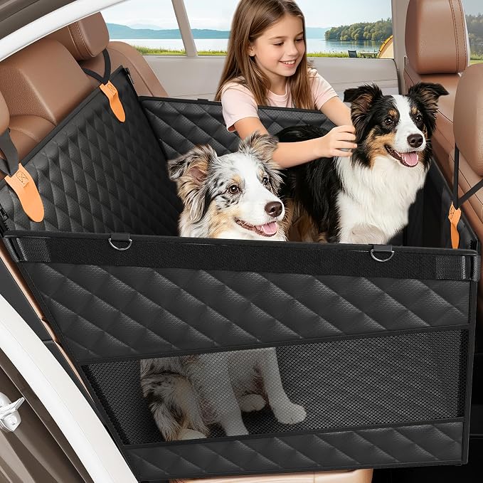 PETICON Large Dog Car Seat, Back Seat Extender for Dogs with Hard Bottom | Waterproof Medium Carseat for Dogs with 3 Mesh Windows, Pet Seat Cover for Cars, Trucks and SUVs