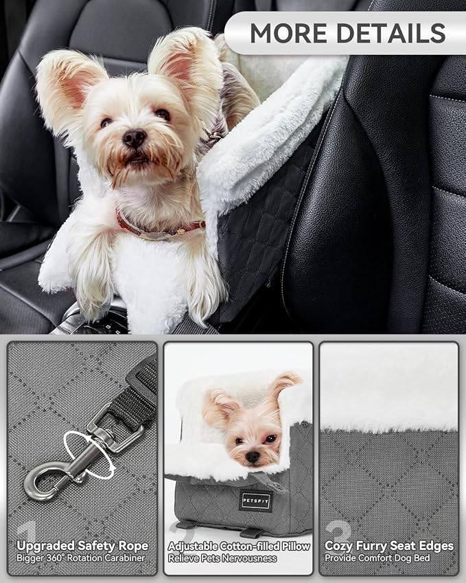 PETSFIT Center Console Dog Car Seat with Adjustable Seat-Rail Anchor Hooks | Anti-Collapse Armrest Booster Car Seat with Safety Tether, Washable Cushion, Soft Pillow for Pets Under 8 lbs, Grey