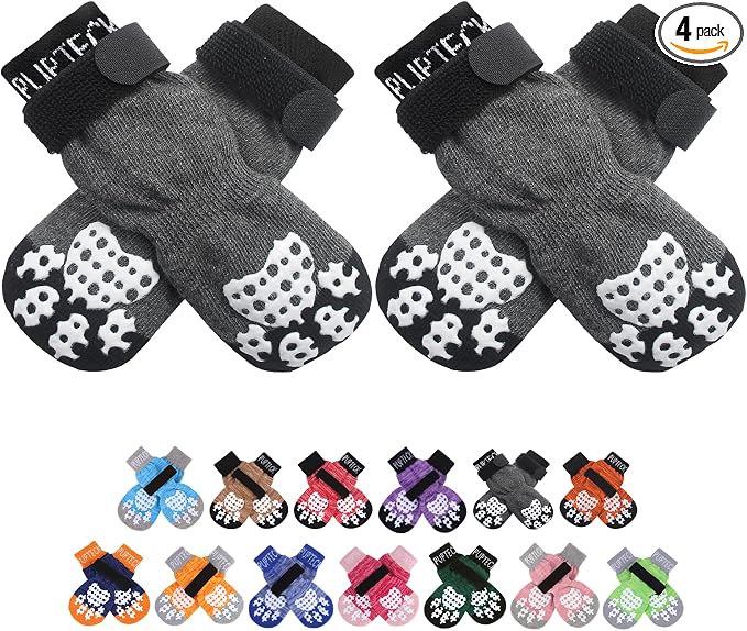 PUPTECK Anti-Slip Dog Socks with Double Sides Grips for Small Medium Large Dogs Hardwood Floors Prevents Licking, Dog Shoes for Hot Pavement Traction Control Paw Protector for Senior Dogs, Grey L