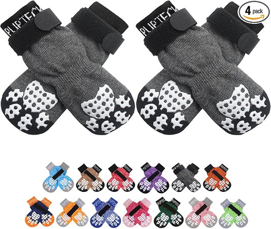 PUPTECK Anti-Slip Dog Socks with Double Sides Grips for Small Medium Large Dogs Hardwood Floors Prevents Licking, Dog Shoes for Hot Pavement Traction Control Paw Protector for Senior Dogs, Grey L