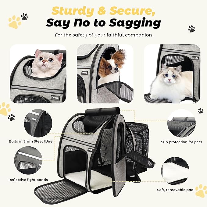 Zavothy Cat Backpack Carrier – Expandable Airline Approved Pet Travel Bag for Cats & Small Dogs, Breathable Mesh Pet Carrier Backpack with Padded Base (Grey)