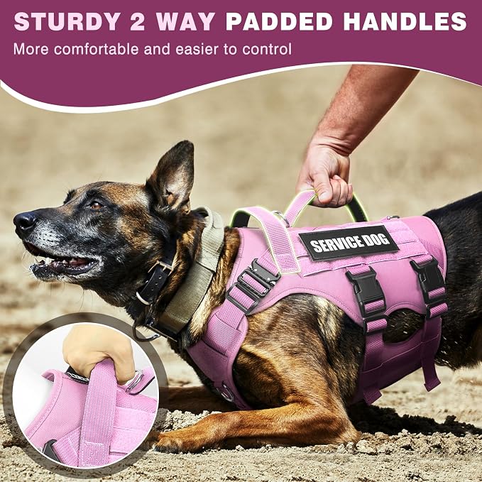 Service Dog Vest Harness for Large Dog, Tactical Working MOLLE Vest with 10 Pet Patches, No Pull Heavy Duty Harness for Training Hunting Walking