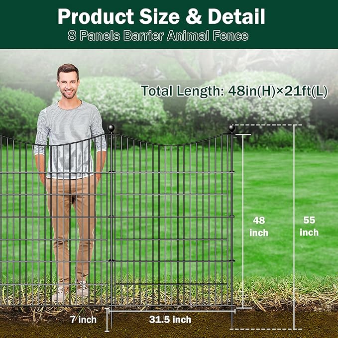 8 Panels Decorative Garden Fence with Gate, 48 in(H) X 21 ft(L) No Dig Dog Fence Animal Barrier Outdoor for Yard, Rustproof Metal Garden Edging and Borders, Temporary Fencing Stakes