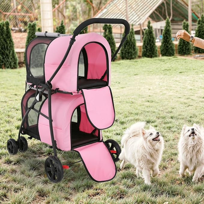 MoNiBloom Double Dog Stroller for Small and Medium Dog Cats, Pink/Gray | Pet Stroller with Detachable Carrier Bags Large 4 Wheels Foldable Jogger for Small and Medium Dog Cats