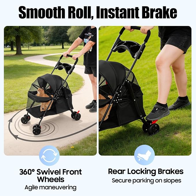 Pet Stroller for Small Medium Dogs Cats, Lightweight Foldable Pet Wagon with 360° Front Wheels & Brake, 40 lbs Capacity Carrier for Park Travel Shopping, Breathable Mesh Basket (Black)