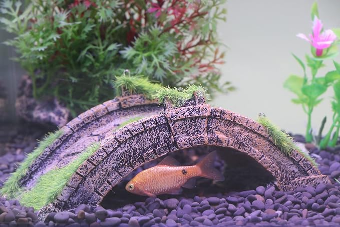 AQUA KT Fish Tank Decor Arch-Bridge Drawbridge with Grass for Aquarium Landscaping Decoration