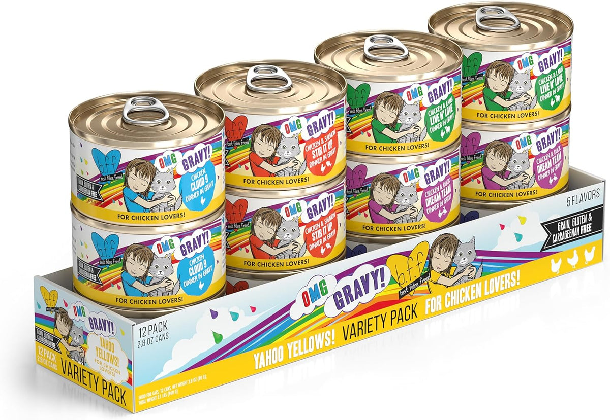 Weruva B.F.F. OMG - Best Feline Friend Oh My Gravy, Yahoo Yellows Variety Pack, 2.8oz Can (Pack of 12)