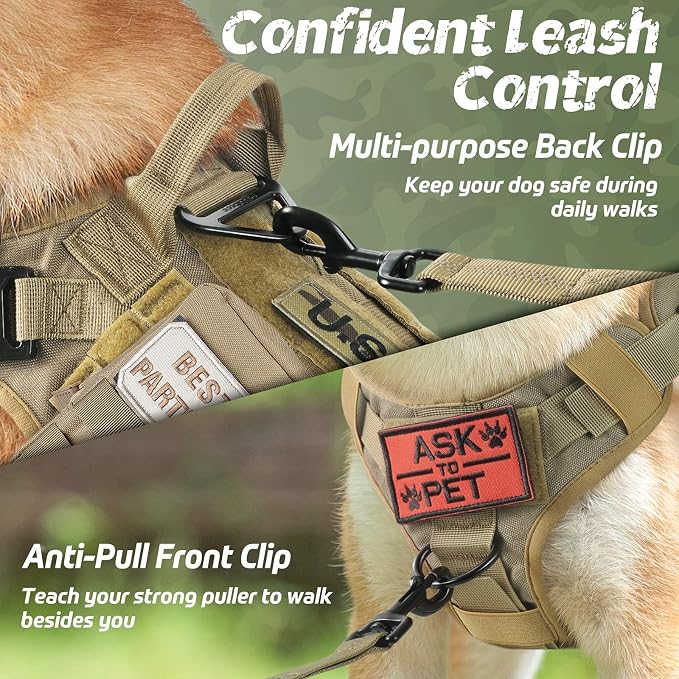 rabbitgoo Tactical Dog Harness X-Large, Heavy Duty Military No Pull Vest | Sturdy Metal Buckles, 5 Adjustments, Molle System, Powerful Pullers for Training, Hunting, Outdoor, Brown, X-Large
