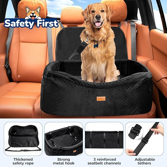 Large Dog Car Seat for Medium Sized, Dog Booster Car Seat, Pet Booster Seats up to 55lbs or 2 Small with 4" Memory Foam for Back Seat, Triple Safety Belts, Storage Pockets, Detachable/Washable