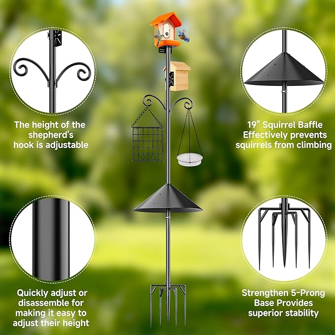 Uoveya Smart Bird Feeder Pole Stand with Proof Squirrel Baffle - Dia 1 Inch Bird House Pole Mount 79", Double Shepherds Hooks Component, Install 2 Bird Houses, Feeding Station for Outdoors Heavy Duty