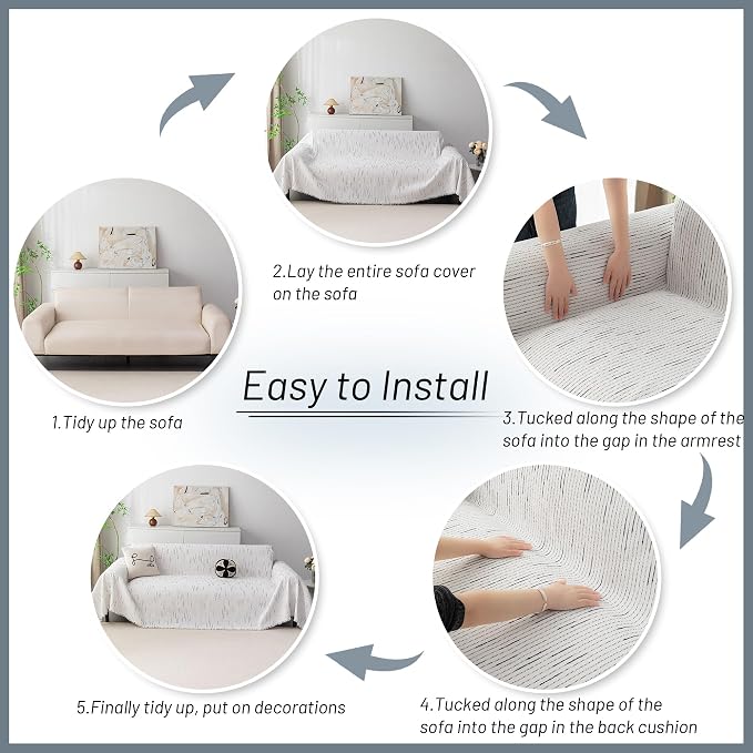 MYSKY HOME Boho Couch Cover White Sofa Covers with Tassel Farmhouse Sofa Slipcover Simple Couch Protector for Dogs Chenille Sectional Couch Covers L Shaped Couch Cushion Covers, 91"x 134"
