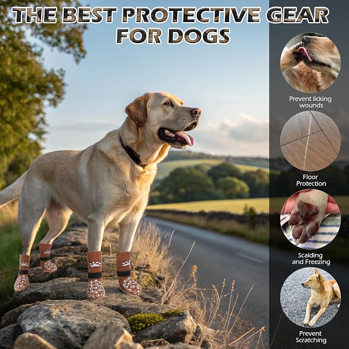 EXPAWLORER Anti Slip Dog Socks to Prevent Licking Paws, Dog Shoes for Hot Pavement, Dog Booties for Small Medium Large Senior Dogs, Traction Control Boots & Paw Protectors for Hardwood Floors Caramel