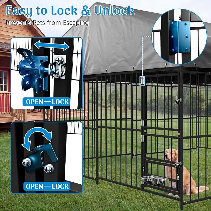 Redlife 10x10 FT Heavy-Duty Outdoor Dog Kennel with Roof | 84" Tall Steel Tube Dog Cage, 360° Rotating Feeding Bowls, Double Door Design, Waterproof Cover, Large Backyard Dog Enclosure