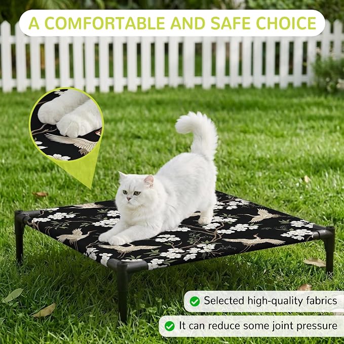 Outdoor Elevated Dog Bed for Small Dogs, Spring Floral Breathable Cooling Raised Dog Cot for Indoor/Outdoor, Branches Birds Flowers Modern Art Waterproof Elevated Pet Beds, S 20 x 20 in