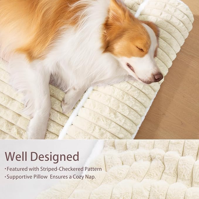 Orthopedic Large Dog Bed Pillow Pet Sofa Bed 56''X40'' Ivory | Egg-Crate Foam Pet Couch Large Sized Dog, Waterproof Removable Washable Cover,Furry Puppy Crate Mat With Nonskid Bottom