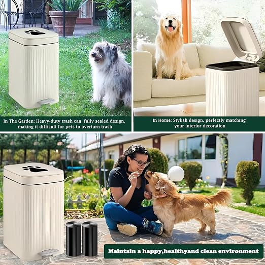 Dog Poop Trash Can Outside - 5L/1.3Gal Small Outdoor Trash Can with Lid | Outdoor Dog Poop Trash Can with Foot Pedal, Dog Waste Container with 40 Bags, Lid Soft Close for Pet, White