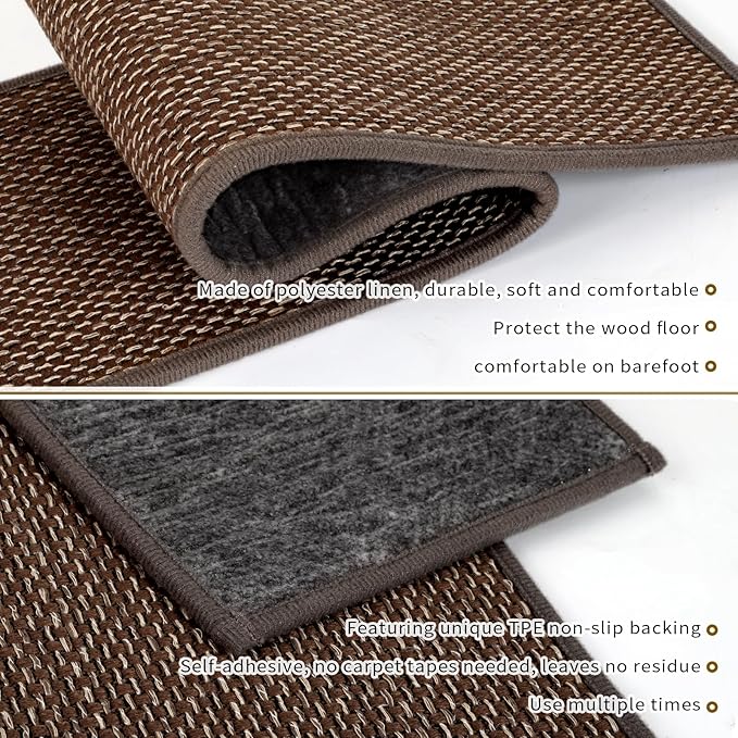 Stair Treads Non Slip for Wooden Steps Indoor 9" x 30" 4 Pack Extra Wide Stair Tread Carpet Stairs Runner, Step Pads with Reusable Adhesive for Dogs Kids Elders, Machine Washable, Brown