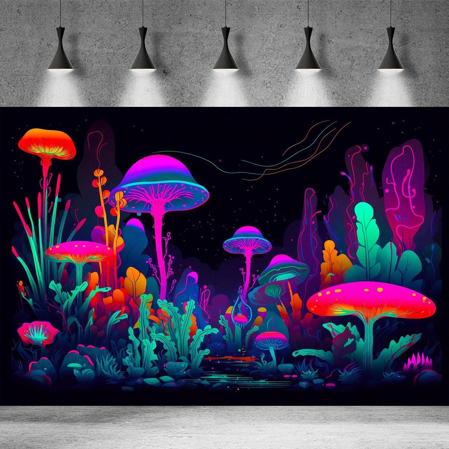 Mushrooms Aquarium Background Mushrooms in Dark Forest with Bright Colors Terrarium Background Tranquil Lake Cartoon Style Aquatic Plants Fish Tank Backdrop Poster Decorations Wallpaper Decor 48x24in