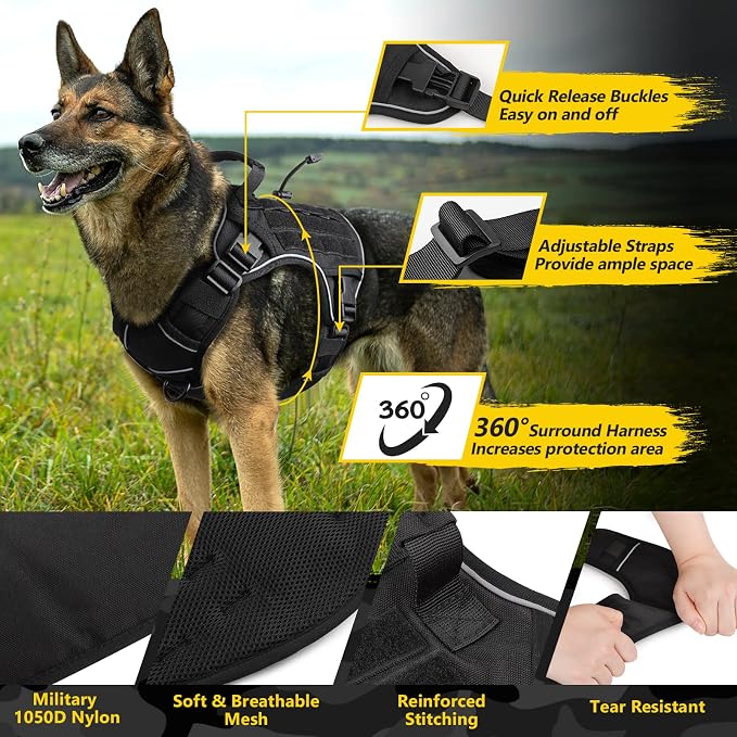WINGOIN Black Tactical Dog Harness for Large Dogs,No Pull Dog Harness | Heavy Duty with Handle,Adjustable Reflective,Military K9 Style,Big Size Pet Vest,for German Shepherd,for Walking Hunting