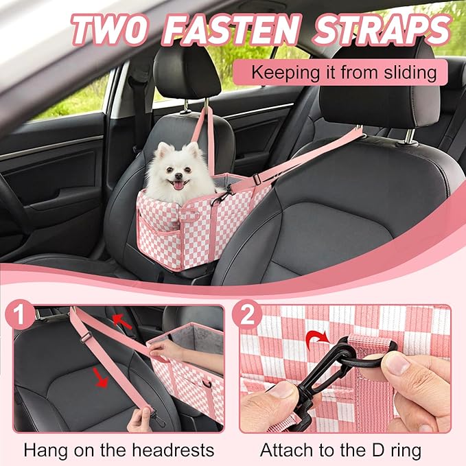 Console Dog Car Seat for Small Dogs, Foldable Booster Seat, Pink Checkered | Portable Booster Seat Sits On Car Console/ Armrest. Foldable for Easy Storage. for Center Console, Easy To Clean.