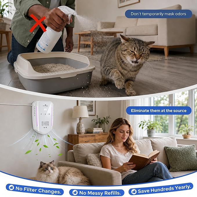 Cat Litter Deodorizer, Pet Odor Eliminator for Home, Litter Box Deodorizer Plug in for Strong Cat Urine Odor, Ozone Odor Eliminator Air Purifier with 5 Mode for Smoke, Wardrobe, Garage, Car