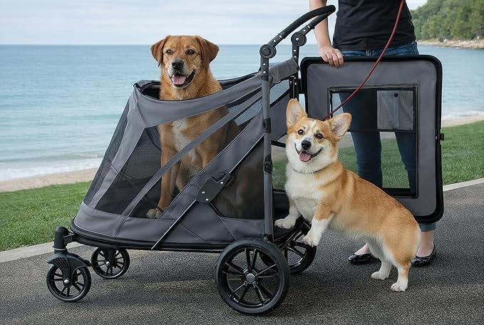 Pet Gear No-Zip Excursion Pet Stroller, Graphite | Dual Entry, Push Button Zipperless Entry, For Single or Multiple Dogs/Cats, Gel-Filled Tires