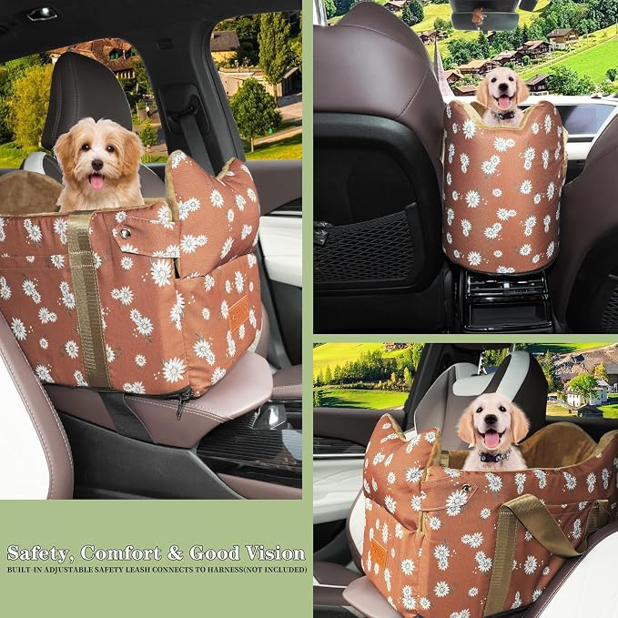 Center Console Dog Car Seat for Small Dogs 1 to 15 lbs,Cofe Color | Pet Travel Booster Seat with Safety Leash, Detachable Seat Belt,Storage Pockets