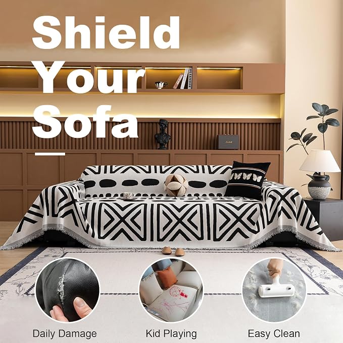 VClife Bohemian Couch Cover Western Aztec Sofa Cover for 2 Cushion Couch Sofa Washable Chenille Sofa Slipcover Boho Non Slip White Black Geometric Couch Slip Cover for Sectional Sofa 71''x118''