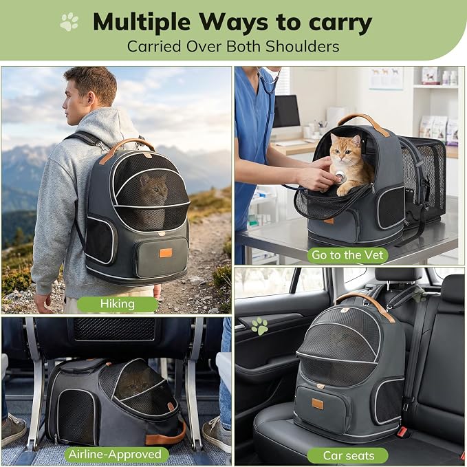 Morpilot Expandable Cat Carrier Backpack for Small Dogs & Cats Up to 12lbs, Breathable Mesh Pet Travel Backpack with Safety Leash, Foldable Airline Approved Carrier for Hiking Camping Outdoor, Grey