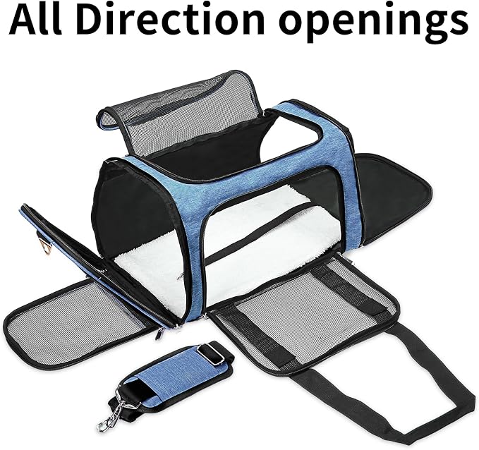 Soft-Sided Cat/Dog/Pet Carrier, Collapsible Pets Travel Carriers for Big Cats/Small Dogs with Shoulder Strap & Removable Mat, Mesh Puppy Carry Bag, Up to 25 Lbs (Blue)