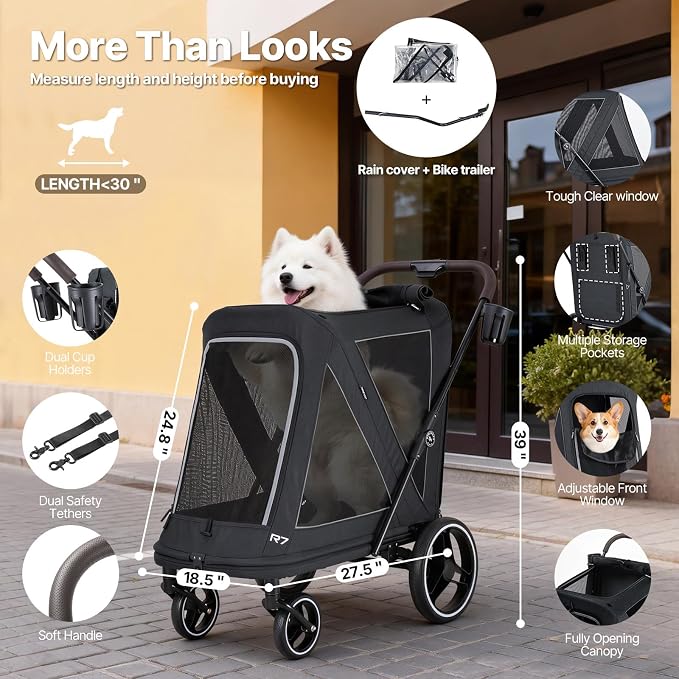 Beberoad 2-in-1 Dog Stroller & Bike Trailer for Large Dogs, R7 All-Terrain Pet Stroller with ER Tires & Shock Absorption, One-Second Fold, 360° Mesh Ventilation, Detachable Washable Waterproof Fabric