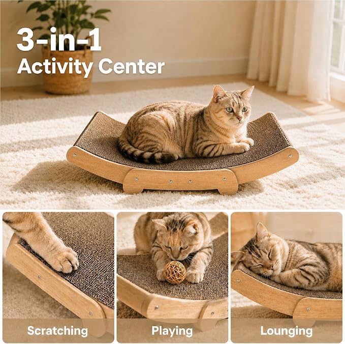 Curved Cat Scratcher Lounge Cat Scratching Board Bed, Natural Cardboard Cat Scratcher Sofa with Wooden Base, Comfortable Resting & Playing Scratching Pad for Indoor Cats