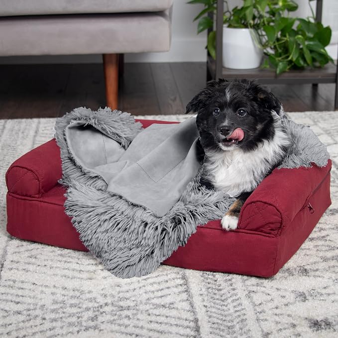 Furhaven Waterproof Throw Blanket for Dogs & Indoor Cats, Reversible Protective Pet Blanket, Small, Long Faux Fur & Velvet, Gray