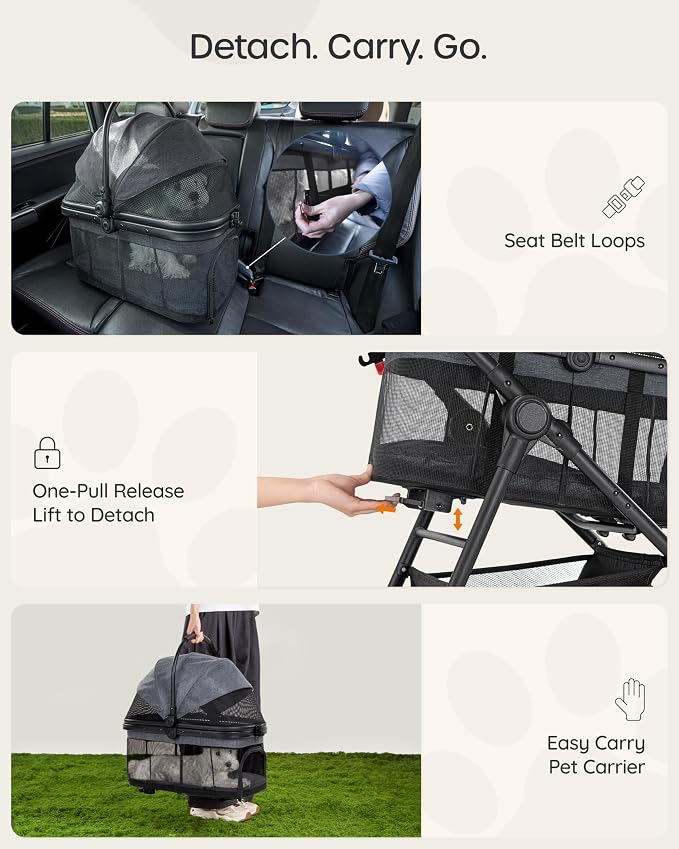 3 in 1 Pet Carrier Stroller with Detachable Carrier, Foldable Dog & Cat Stroller for Small/Medium Dogs up to 33 lbs, Large Storage Bag, Full Window Mesh, One-Touch Dual Brake, Car Seat